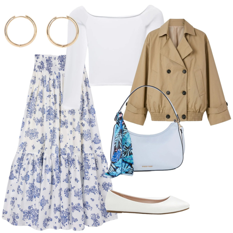 Outfit donna - Primavera inoltrata. per Tutti i giorni. Abbinamento con ballerine, orecchini, borse a mano, gonne lunghe, trench, t-shirt.