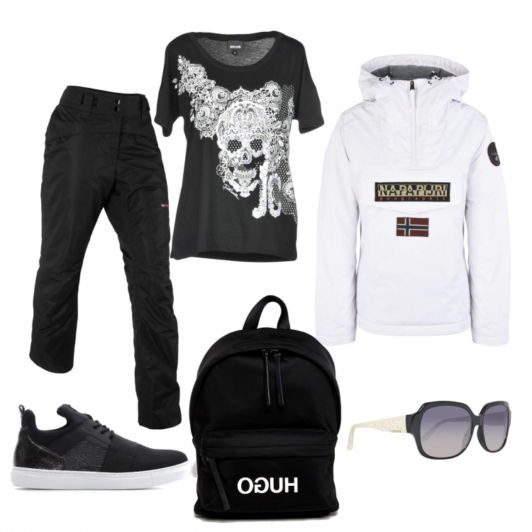 Outfit donna - Black & White Casual. Stile Urban per Scuola/Università. Abbinamento con giacca, t-shirt senza tasche contrasto collo tondo a maniche corte jersey, pantaloni, occhiali da sole protezione dai raggi nero e avorio e grigio, sneakers effetto laminato con lacci nero, zaino con manico e zip con bretelle e logo.