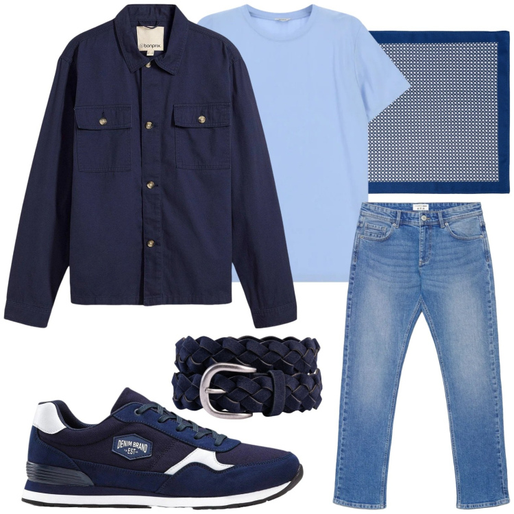 Outfit uomo - Denim di stagione. Stile Trendy per Tutti i giorni. Abbinamento con sneakers, giacche, t-shirt, cinture, jeans, sciarpe e foulard.