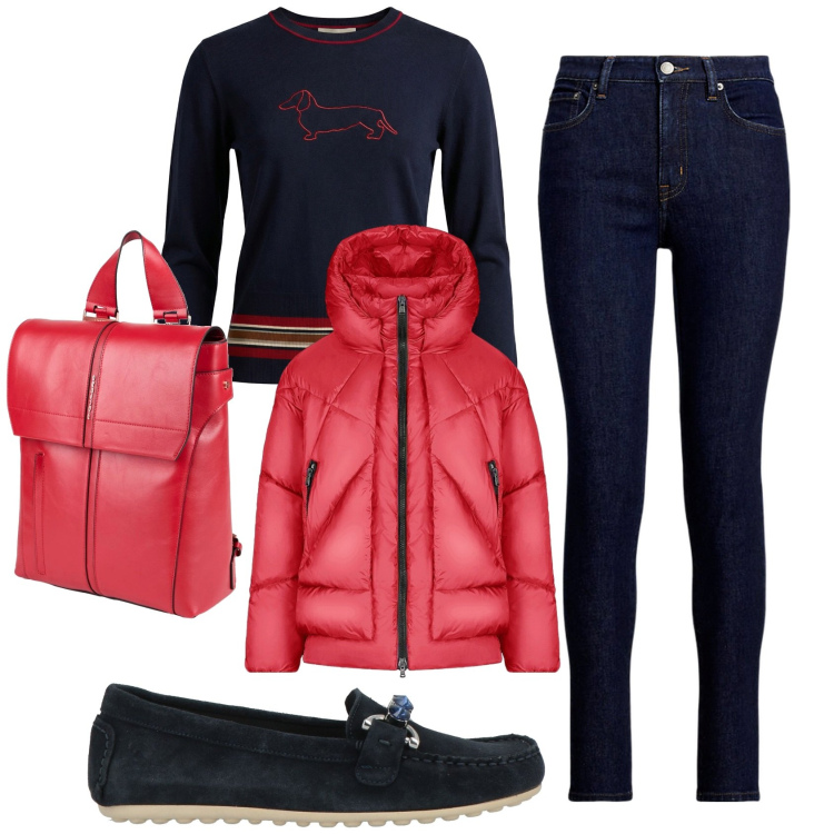 Outfit donna - Total look #2382454. Stile Casual per Tutti i giorni. Abbinamento con mocassini, zaini, maglieria, piumini, jeans skinny.