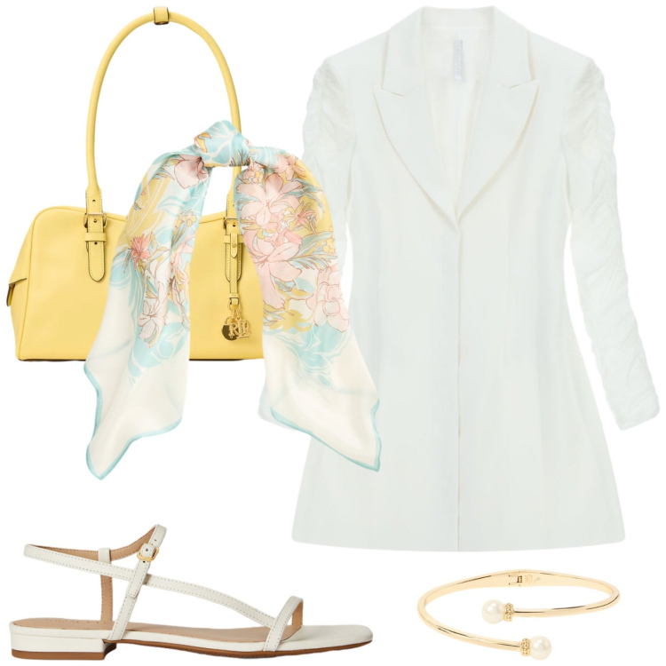 Outfit donna - Effortless, but on point. Stile Minimal per Tutti i giorni. Abbinamento con vestiti corti, sandali in pelle, braccialetti, borse a mano, foulard.