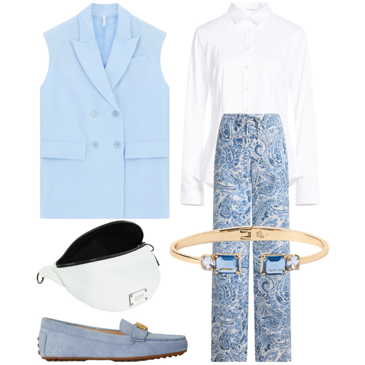 Outfit donna - Azzurro cielo. Stile Trendy per Tutti i giorni. Abbinamento con camicie, marsupi, gilet, braccialetti, pantaloni, mocassini.