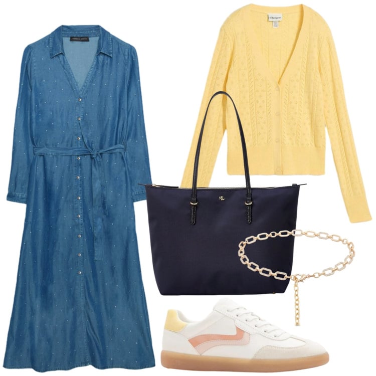 Outfit donna - vestito chemisier primaverile. Stile Minimal per Tutti i giorni. Abbinamento con cardigans, sneakers, cinture, vestiti, borse tote.