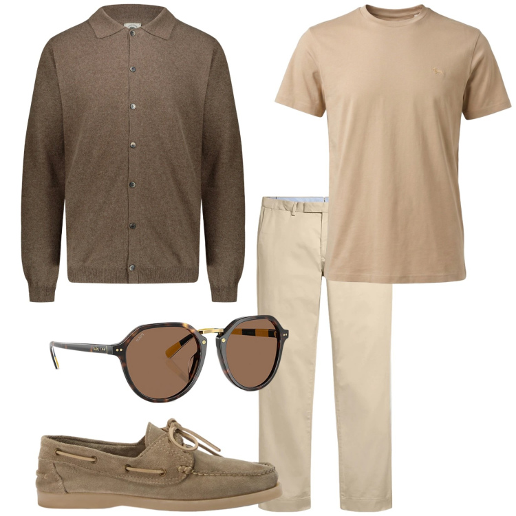 Outfit uomo - Mr Brown. Stile Trendy per Tutti i giorni. Abbinamento con t-shirt, scarpe stringate, pantaloni chino, occhiali da sole, polo.