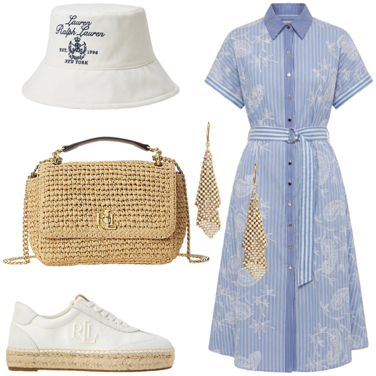 Outfit donna - Il vestito chemisier primaverile. Stile Minimal per Tutti i giorni. Abbinamento con vestiti chemisier, borse a spalla, sneakers, orecchini, cappelli.