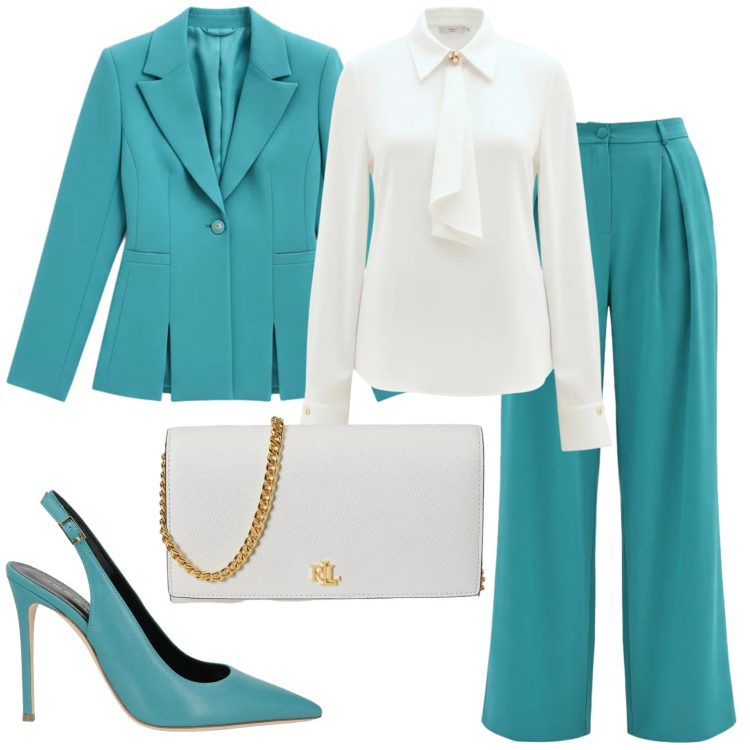 Outfit donna - Total look #2382469. Stile Chic per Cerimonia. Abbinamento con décolleté, blazer, camicie, pantaloni a palazzo, borse a tracolla.
