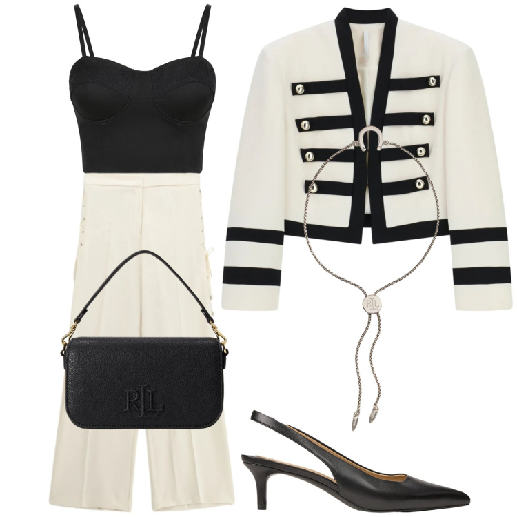 Outfit donna - Napoleonessa. Stile Trendy per Cerimonia. Abbinamento con blazer, pantaloni, top, braccialetti con ciondoli, décolleté, borse a spalla.
