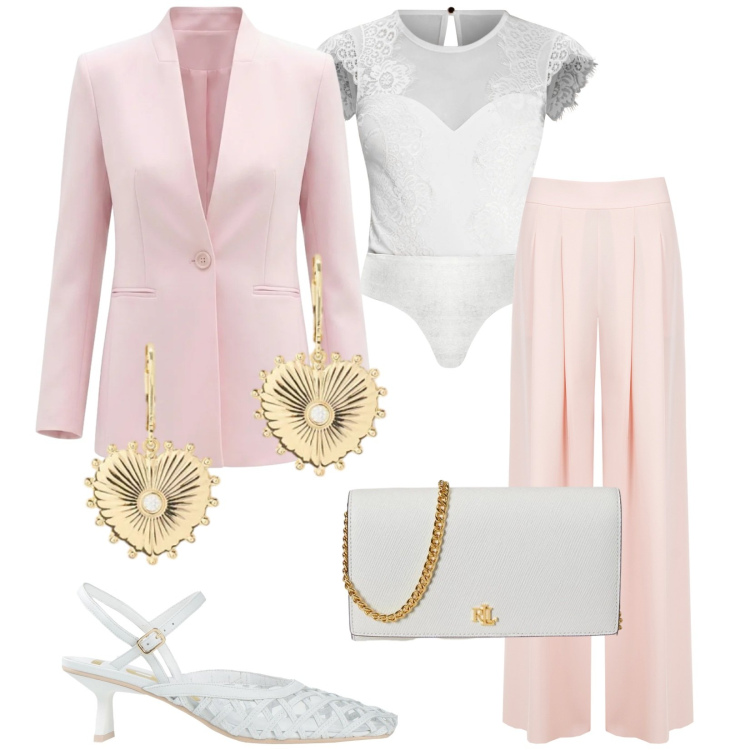 Outfit donna - Il battesimo di Rebecca. Stile Chic per Cerimonia. Abbinamento con décolleté, pantaloni a palazzo, top, blazer, orecchini, borse a tracolla.