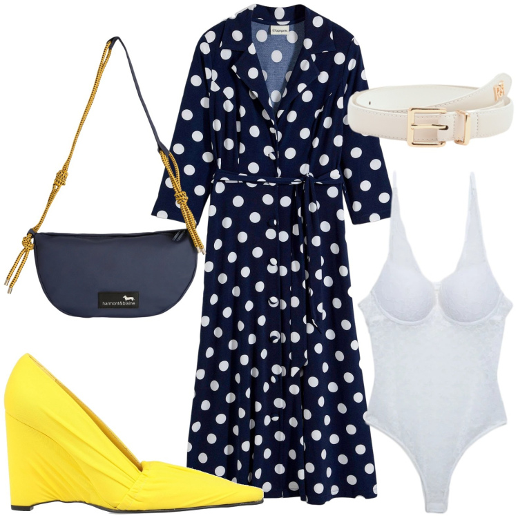 Outfit donna - Il vestito chemisier primaverile. Stile Minimal per Tutti i giorni. Abbinamento con décolleté, vestiti chemisier, body, cinture, borse a tracolla.