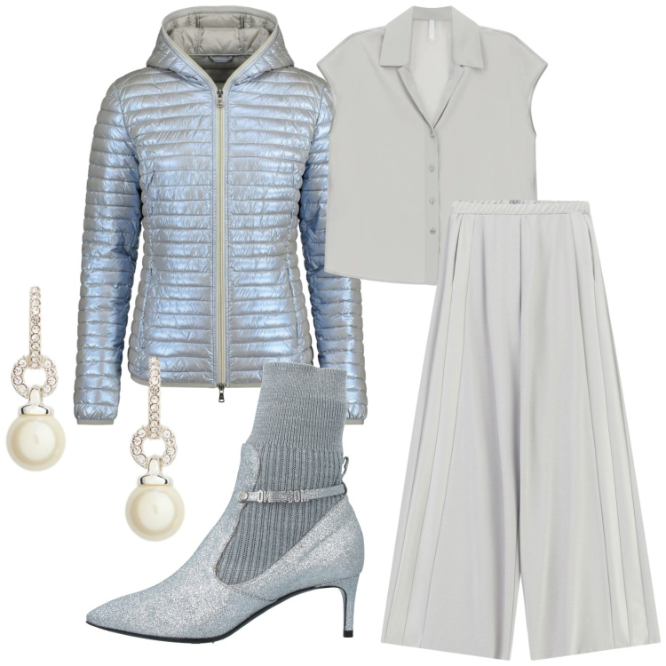 Outfit donna - Total look #2382481. Stile Trendy per Serata fuori. Abbinamento con stivaletti, camicie a manica corta, pantaloni a palazzo, piumini, orecchini.