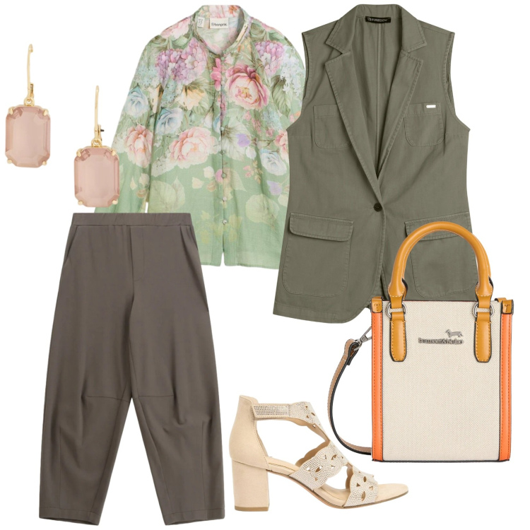 Outfit donna - In ufficio. per Ufficio. Abbinamento con bluse, sandali col tacco, pantaloni a palazzo, borse tote, gilet, orecchini.