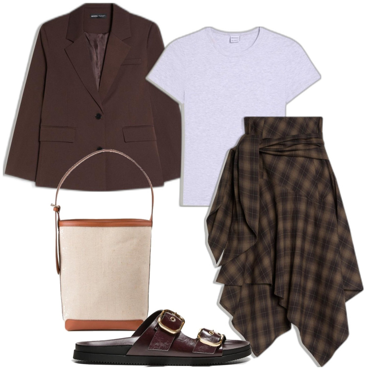 Outfit mujer - Preppy #289. Estilo Preppy para Oficina. Combinación con falda longuette, blazers, sandalias, camiseta, bolsos saco.