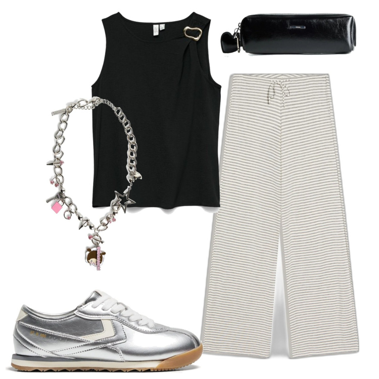 Outfit mujer - Casual #3558. Estilo Casual para Todos los días. Combinación con top, maletas, pantalones, collares, sneakers.
