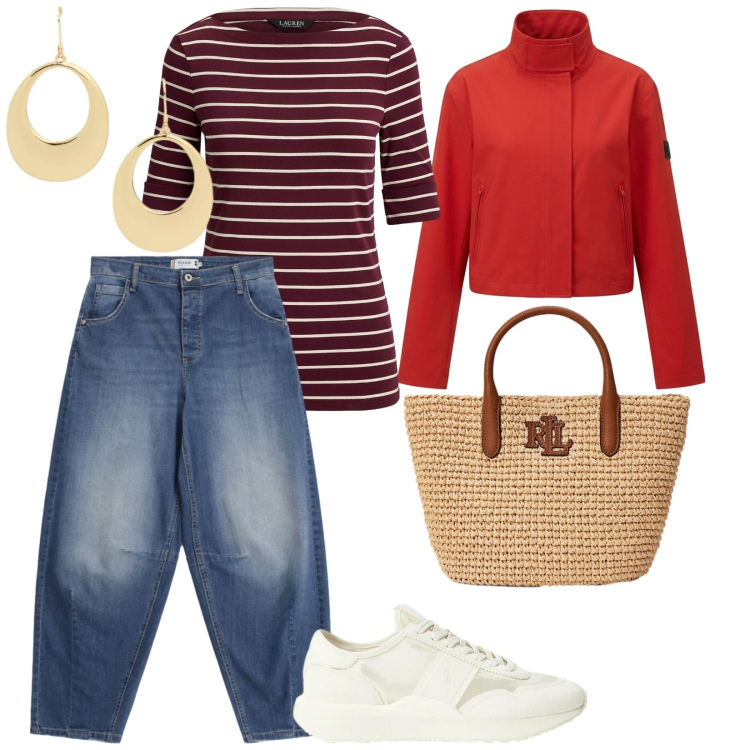 Outfit donna - Borsa tote. per Tutti i giorni. Abbinamento con jeans, blazer, t-shirt, borse tote, sneakers, orecchini.