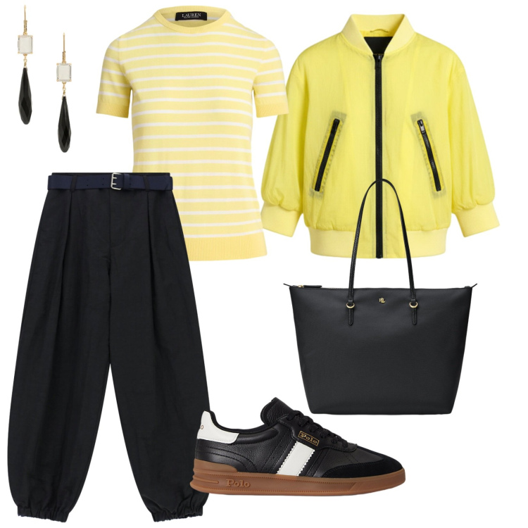 Outfit donna - Lunedì in giallo. per Scuola/Università. Abbinamento con pantaloni, bomber, sneakers, orecchini, borse tote, t-shirt.