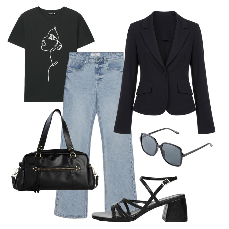 Outfit donna - Jeans e blazer. Stile Basic per Tutti i giorni. Abbinamento con borse a mano, occhiali da sole, sandali col tacco, jeans bootcut, t-shirt, blazer.