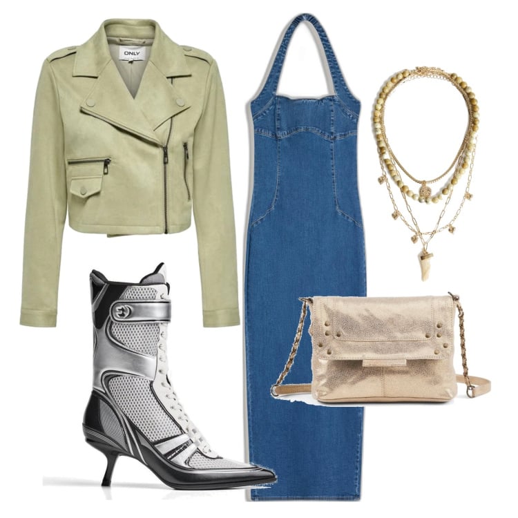 Outfit mujer - Rock #265. Estilo Rock para Todos los días. Combinación con botines, blazers, vestidos midi/longuettes, bolsos de mano, colgantes.
