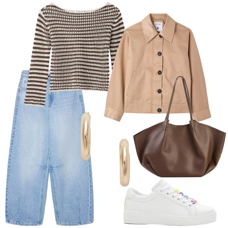 Outfit donna - Everyday. per Scuola/Università. Abbinamento con sneakers, shopping bag, cappotti, maglieria, jeans, orecchini.