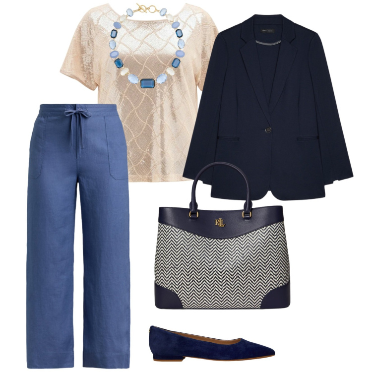 Outfit donna - Curvy style. per Tutti i giorni. Abbinamento con blazer, bluse, ballerine, borse a mano, collane, pantaloni.