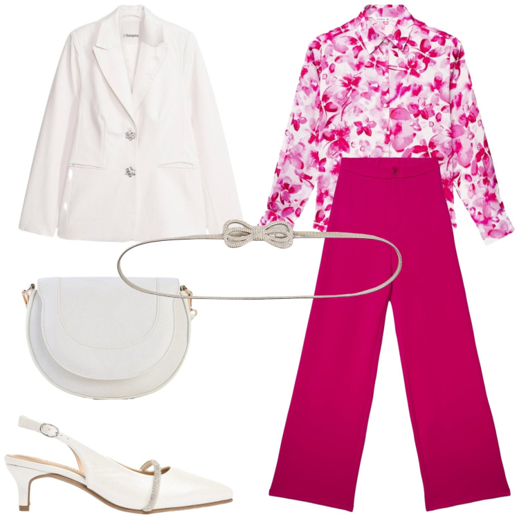 Outfit donna - Total look #2382505. Stile Chic per Cerimonia. Abbinamento con blazer, borse a tracolla, décolleté, camicie, pantaloni, cinture.