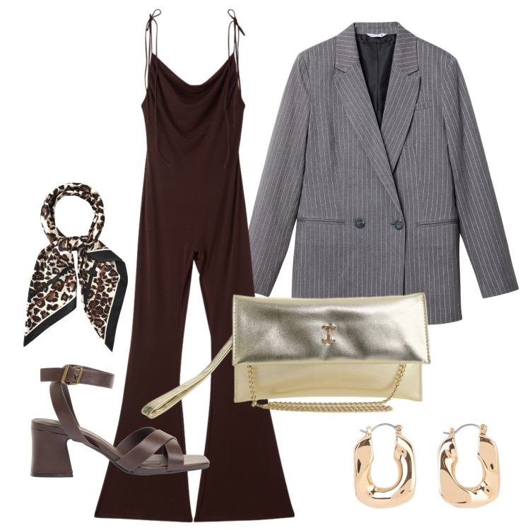 Outfit donna - Aprile. Stile Glamour per Tutti i giorni. Abbinamento con orecchini, sandali col tacco, blazer, foulard, tute, borse a tracolla.