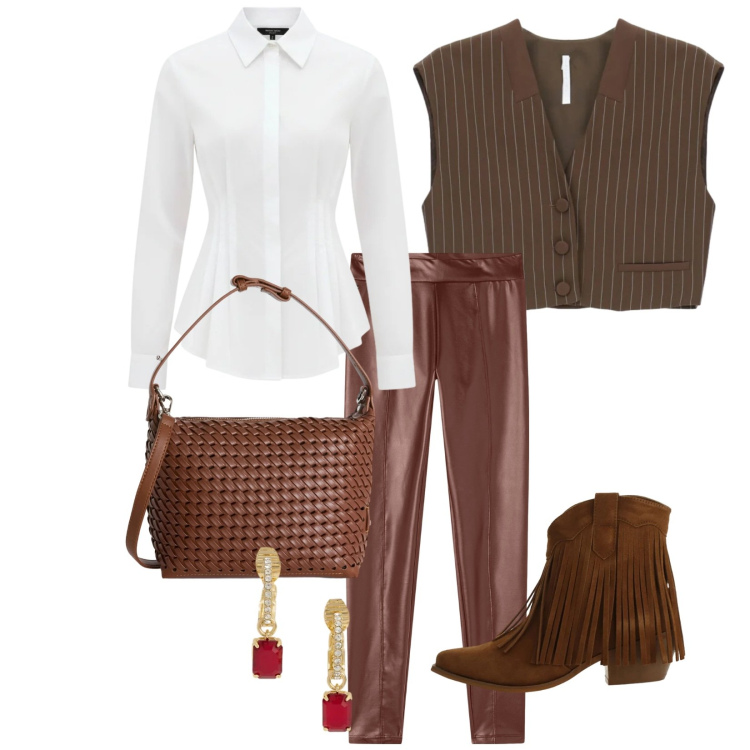 Outfit donna - Total look #2382508. Stile Sporty chic per Serata fuori. Abbinamento con gilet, stivaletti texani, camicie, borse a spalla, treggings, orecchini.