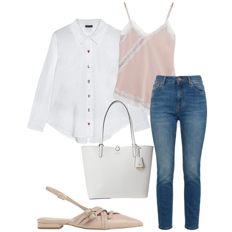 Outfit donna - Total look #2382509. Stile Casual chic per Tutti i giorni. Abbinamento con ballerine, camicie, jeans, canottiere, borse tote.