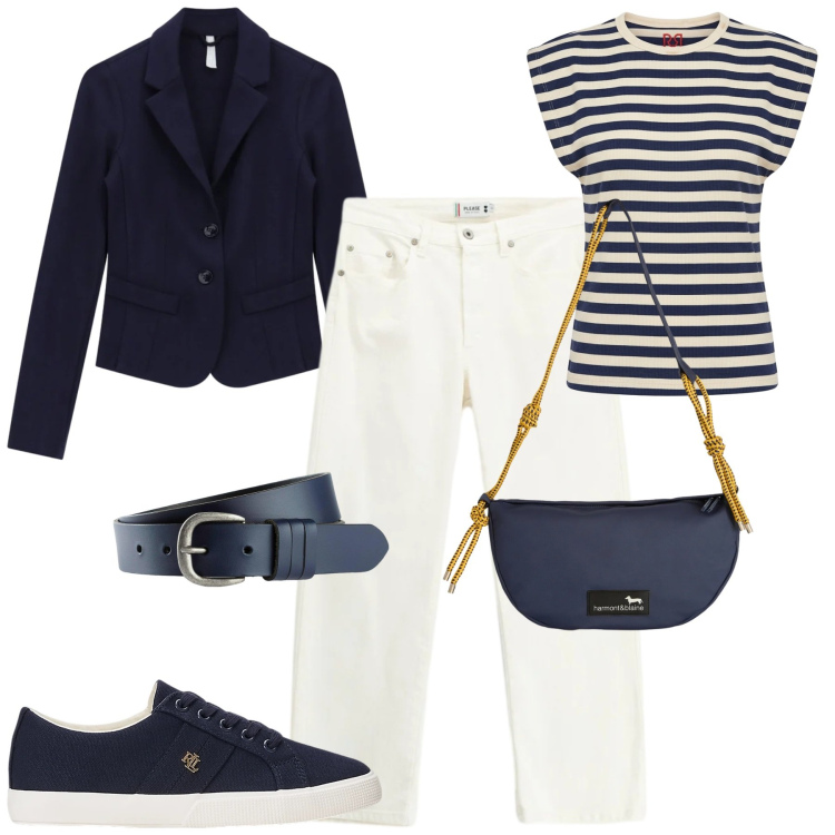 Outfit donna - Aprile. Stile Casual chic per Tutti i giorni. Abbinamento con cinture, blazer, t-shirt, pantaloni, borse a tracolla, sneakers.