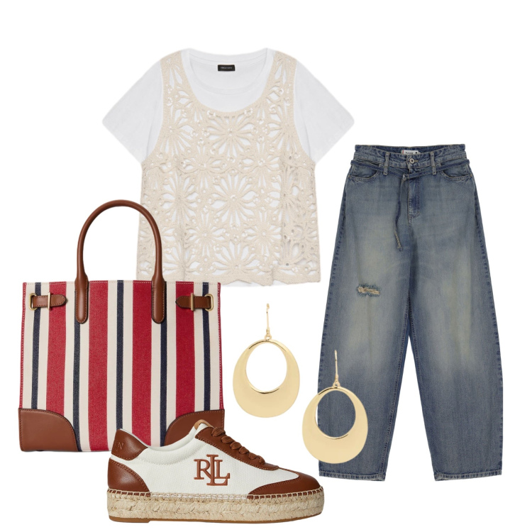 Outfit donna - Aprile. Stile Trendy per Tutti i giorni. Abbinamento con jeans, t-shirt, sneakers, borse tote, orecchini.