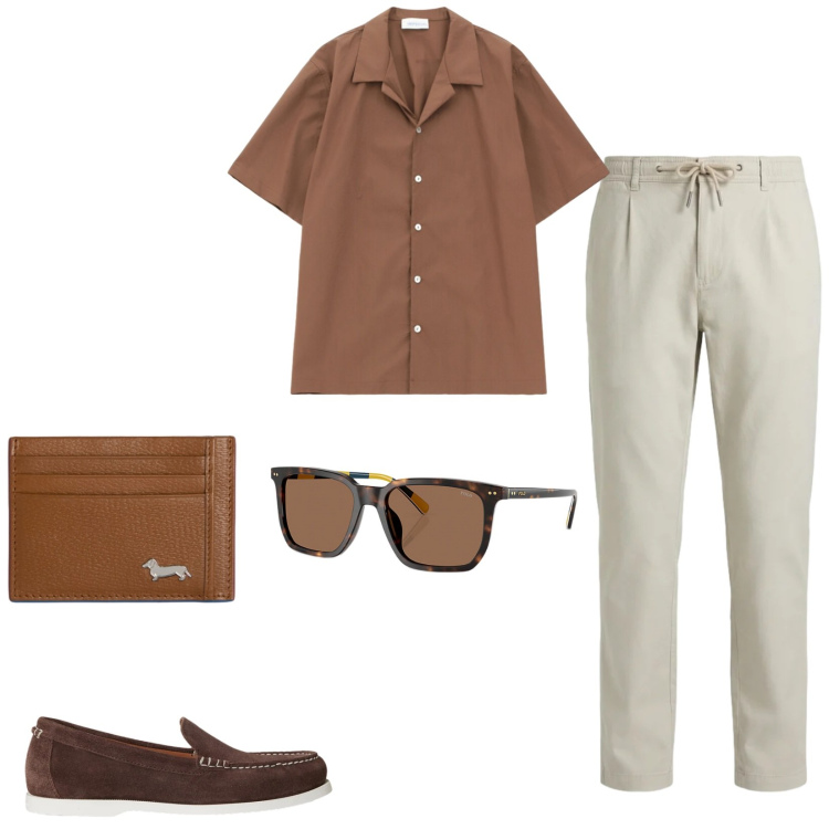 Outfit uomo - Total look #2382515. Stile Casual per Tutti i giorni. Abbinamento con camicie a manica corta, portafogli, pantaloni, occhiali da sole, scarpe stringate.