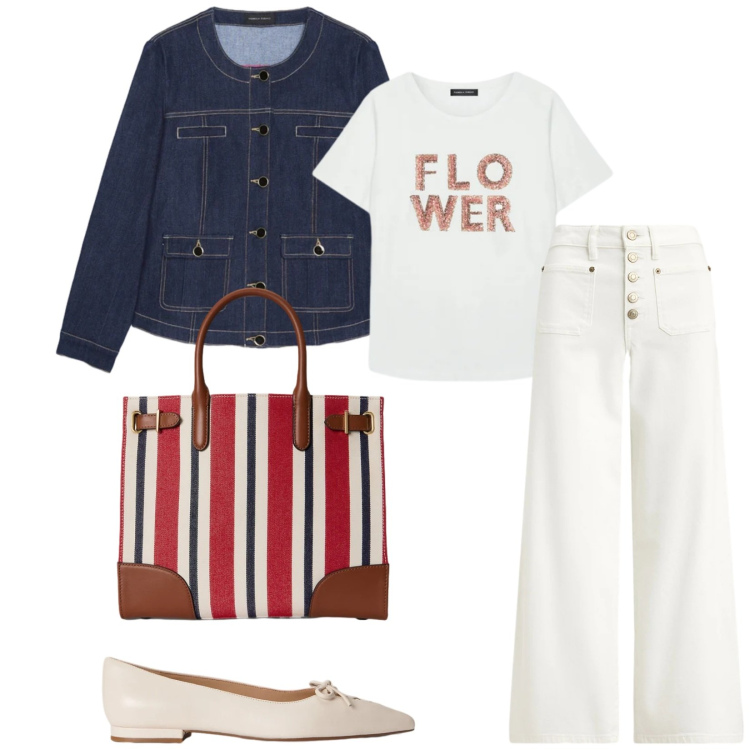 Outfit donna - Total look #2382516. Stile Casual chic per Tutti i giorni. Abbinamento con blazer, t-shirt, borse tote, jeans, ballerine.