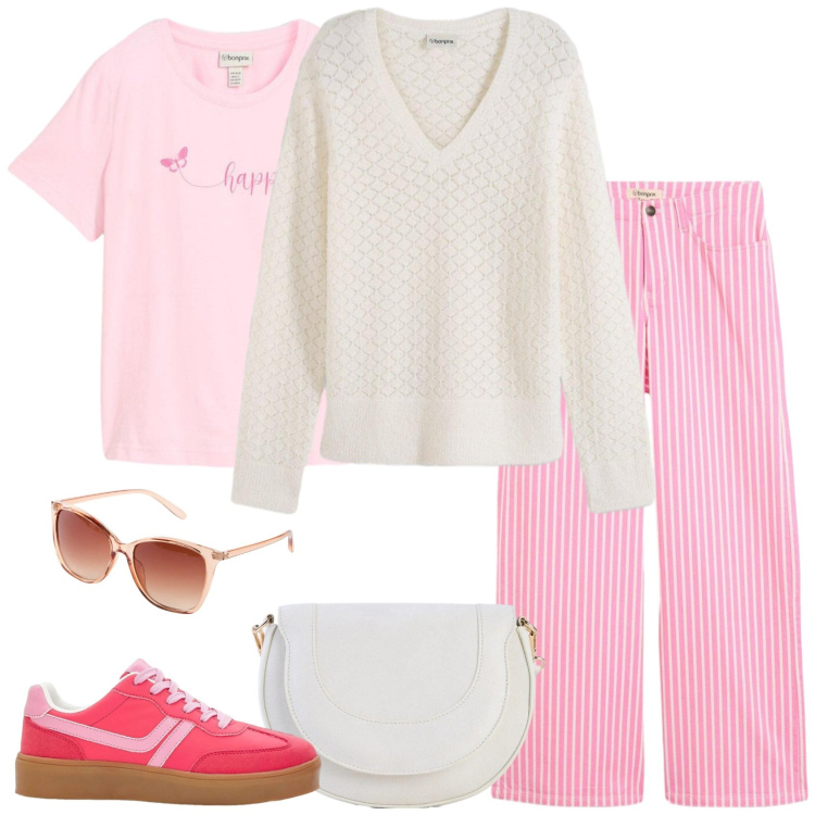 Outfit donna - Vedo rosa. Stile Casual per Tutti i giorni. Abbinamento con pantaloni, maglieria, occhiali da sole, sneakers, borse a tracolla, t-shirt.