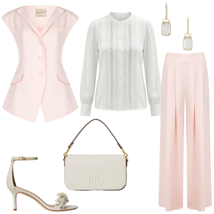 Outfit donna - Delicatezza Sartoriale. Stile Romantica per Cerimonia. Abbinamento con gilet, pantaloni a palazzo, camicie, orecchini, sandali in pelle, borse a spalla.