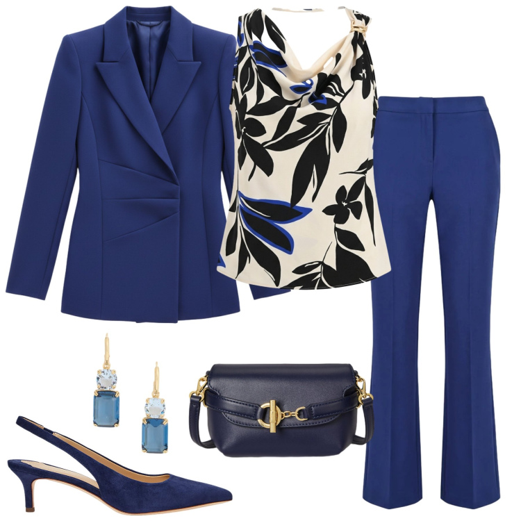 Outfit donna - Eleganza Professionale. Stile Chic per Ufficio. Abbinamento con blazer, canottiere, pantaloni, décolleté, borse a tracolla, orecchini.