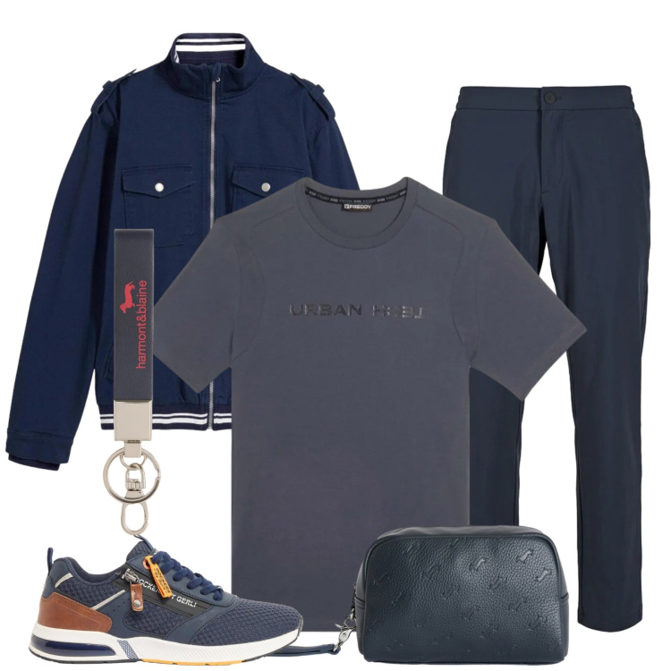 Outfit uomo - Eleganza Dinamica in Navy & Grey. Stile Urban per Tutti i giorni. Abbinamento con giacche, sneakers, portachiavi, borse sportive, t-shirt, pantaloni.