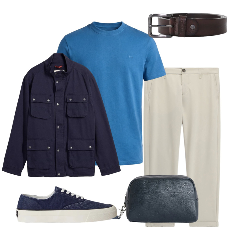 Outfit uomo - Casual Chic in Blu e Sabbia. Stile Urban per Tutti i giorni. Abbinamento con giacche, pantaloni, cinture, borse sportive, t-shirt, sneakers.