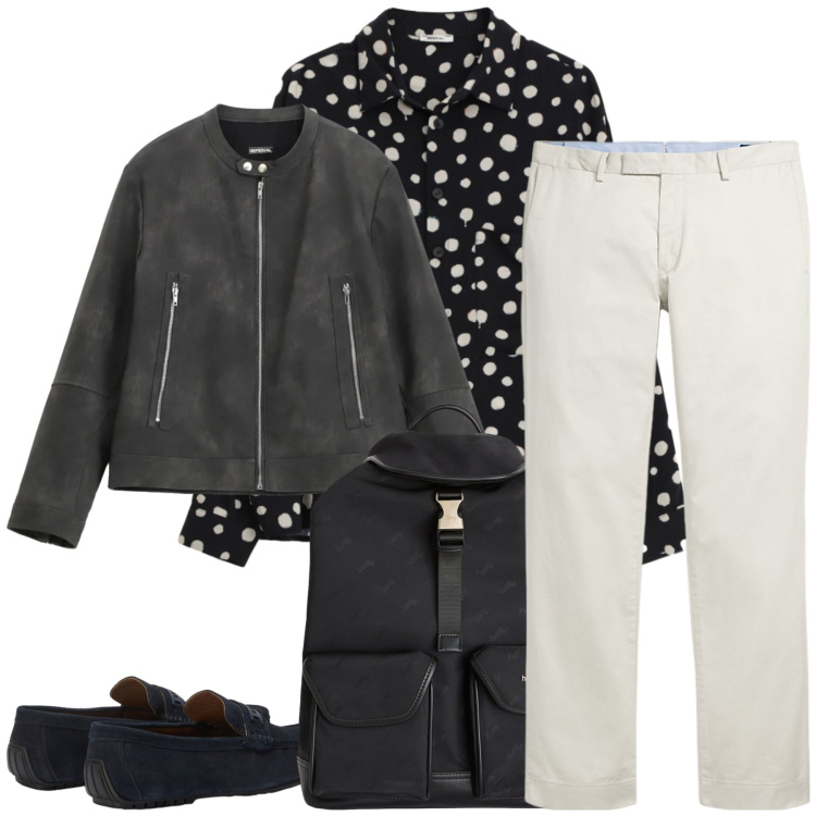 Outfit uomo - Contrasti Urban-Chic. Stile Urban per Tutti i giorni. Abbinamento con camicie, giacche, borse sportive, scarpe stringate, pantaloni chino.