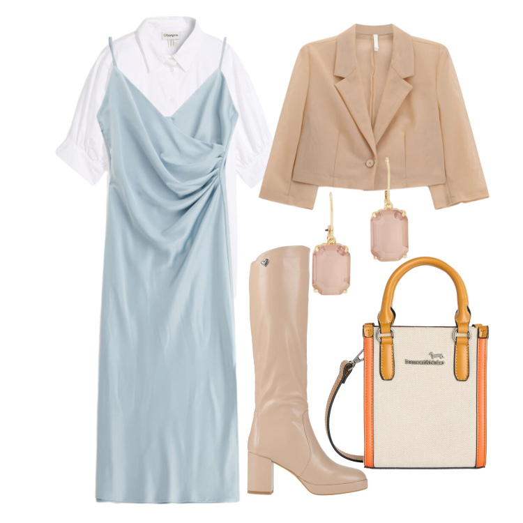 Outfit donna - Aprile. Stile Trendy per Tutti i giorni. Abbinamento con stivali, camicie, borse tote, vestiti midi/longuette, blazer, orecchini.