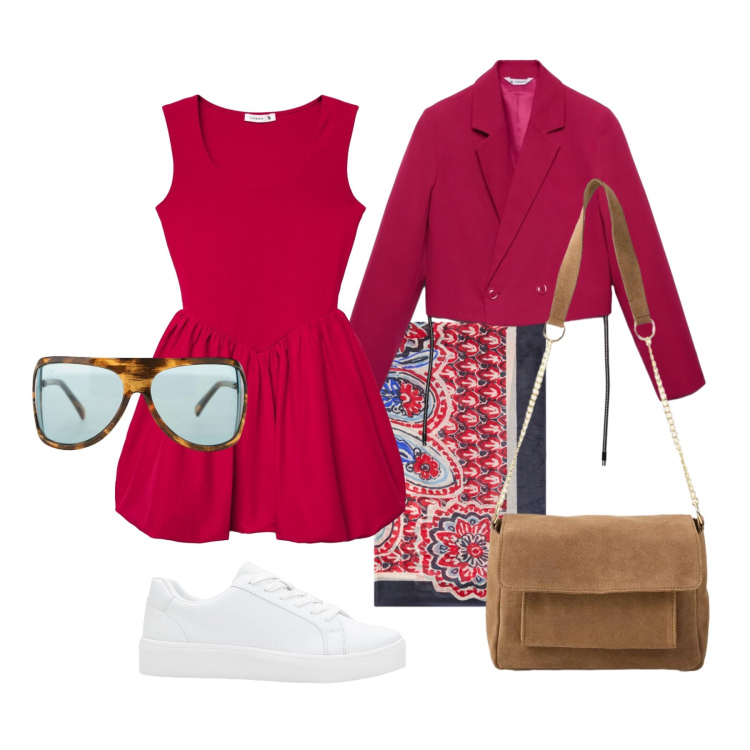 Outfit donna - Aprile. Stile Trendy per Tutti i giorni. Abbinamento con sneakers, borse a tracolla, foulard, occhiali da sole, blazer, vestiti corti.