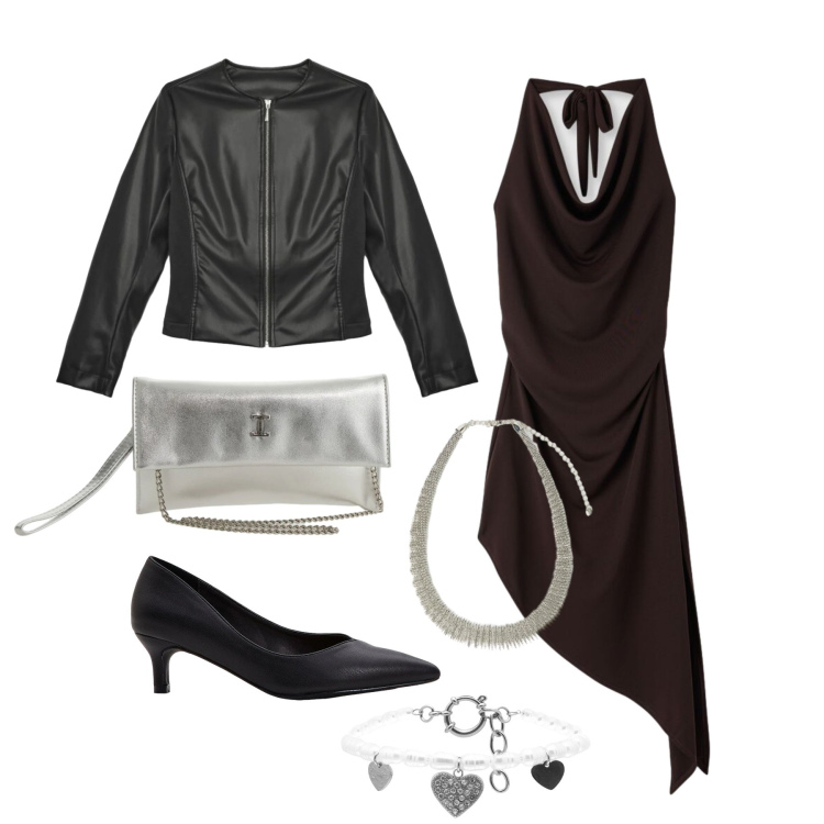 Outfit donna - Aprile. Stile Glamour per Serata fuori. Abbinamento con décolleté, vestiti asimmetrici, giacche, borse a tracolla, collane, braccialetti.