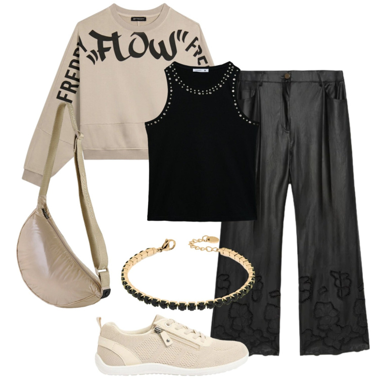 Outfit donna - Everyday style. Stile Sporty chic per Tutti i giorni. Abbinamento con sneakers, pantaloni, felpe, braccialetti, borse a tracolla, canottiere.