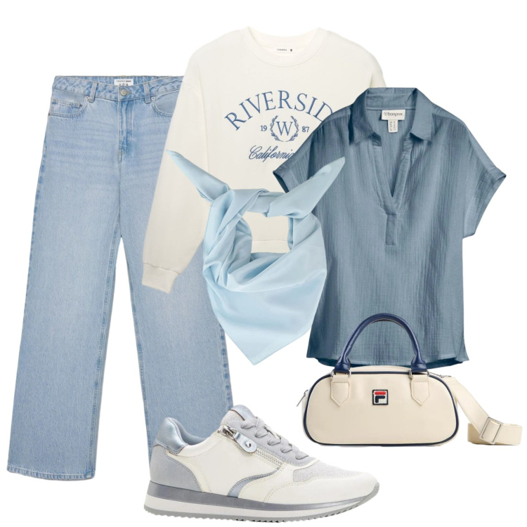 Outfit donna - Sporty chic. Stile Sporty chic per Tutti i giorni. Abbinamento con bluse, sneakers, borse a tracolla, jeans, felpe, foulard.