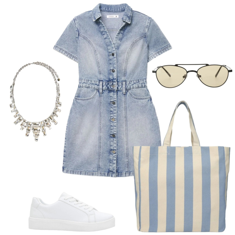 Outfit donna - Abitino in jeans. Stile Glamour per Tutti i giorni. Abbinamento con sneakers, vestiti corti, shopping bag, collane, occhiali da sole.