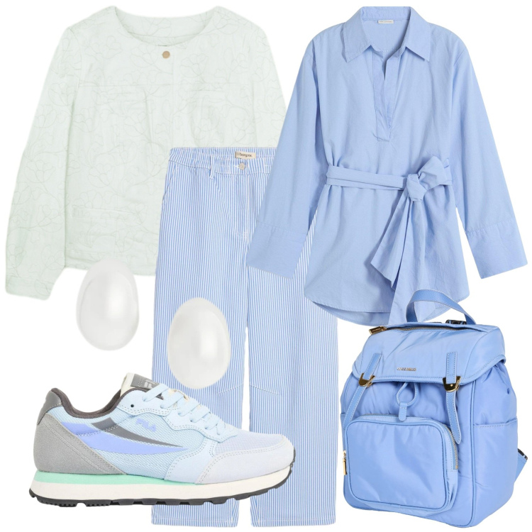Outfit donna - Verso il mare easy. Stile Minimal per Tutti i giorni. Abbinamento con zaini, pantaloni, camicie, sneakers, blazer, orecchini.