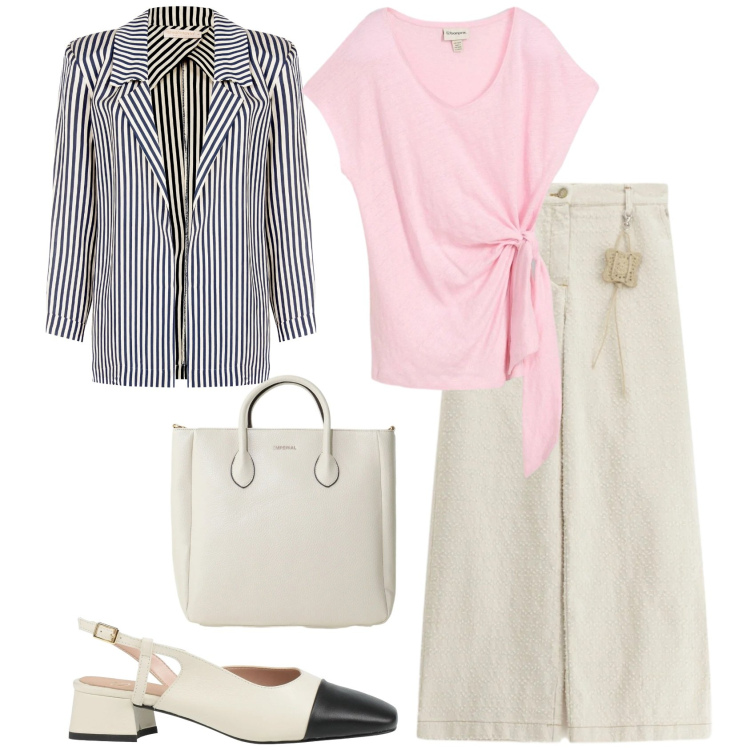 Outfit donna - Everyday style. Stile Bon Ton per Tutti i giorni. Abbinamento con décolleté, bluse, borse a tracolla, blazer, pantaloni a palazzo.