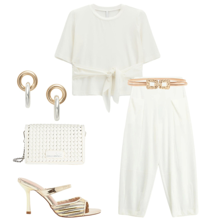 Outfit donna - Bianco luminoso. Stile Casual chic per Serata fuori. Abbinamento con t-shirt, pantaloni a palazzo, cinture, sabot, borse a tracolla, orecchini.