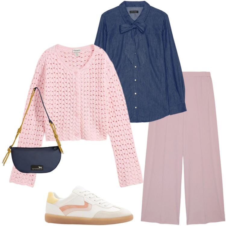 Outfit donna - In ufficio. Stile Casual chic per Ufficio. Abbinamento con cardigans, sneakers, pantaloni, camicie, borse a tracolla.