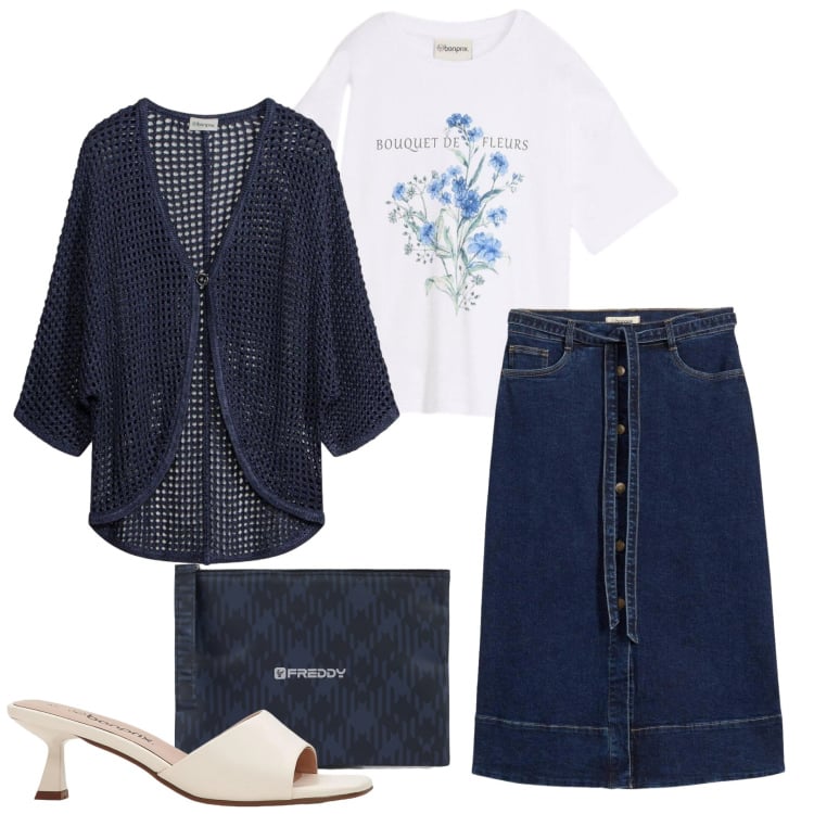 Outfit donna - Gonna in denim. Stile Casual chic per Tutti i giorni. Abbinamento con gonne longuette, cardigans, t-shirt, ciabatte, clutch.