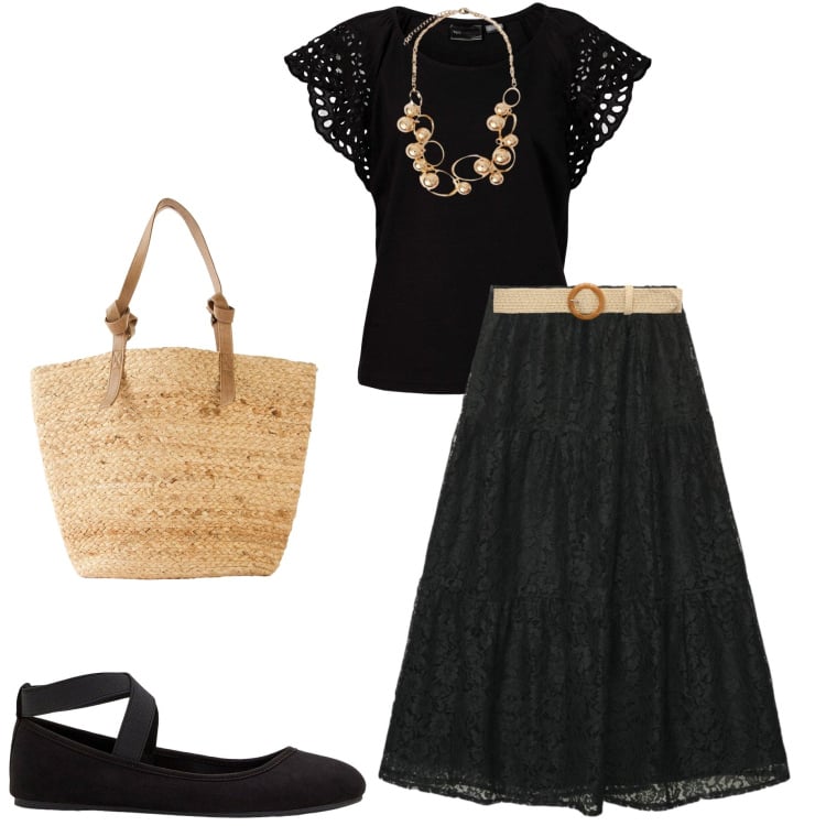 Outfit donna - Temperatura estiva ad aprile. Stile Casual chic per Tutti i giorni. Abbinamento con bluse, ballerine, shopping bag, gonne lunghe, cinture, collane.