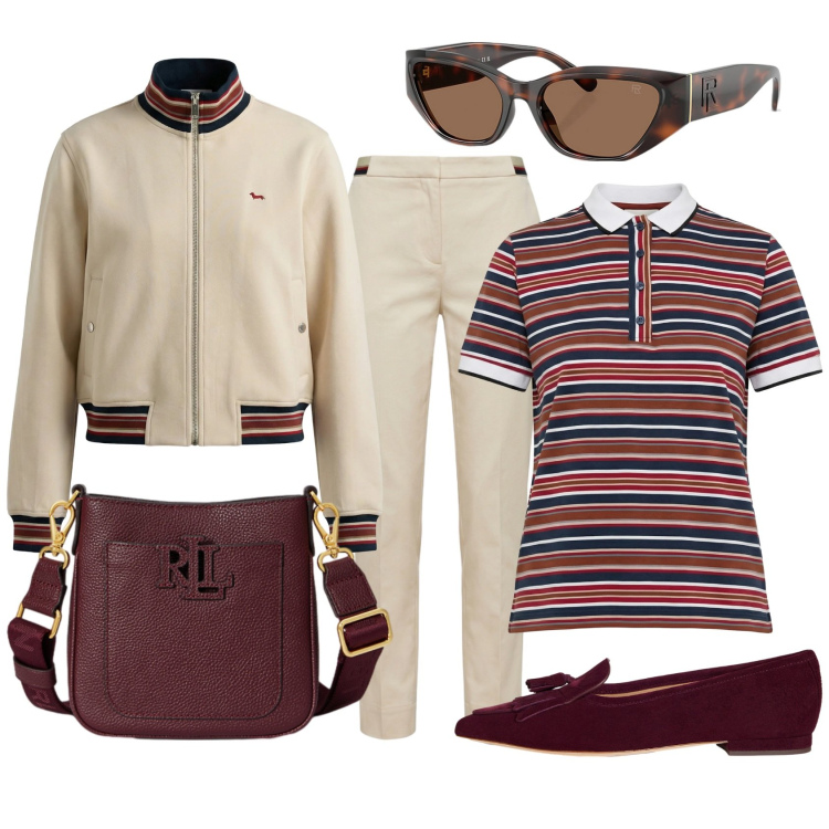 Outfit donna - A lezione full immersion. Stile Preppy per Scuola/Università. Abbinamento con felpe, polo, pantaloni chino, borse a tracolla, occhiali da sole, ballerine.